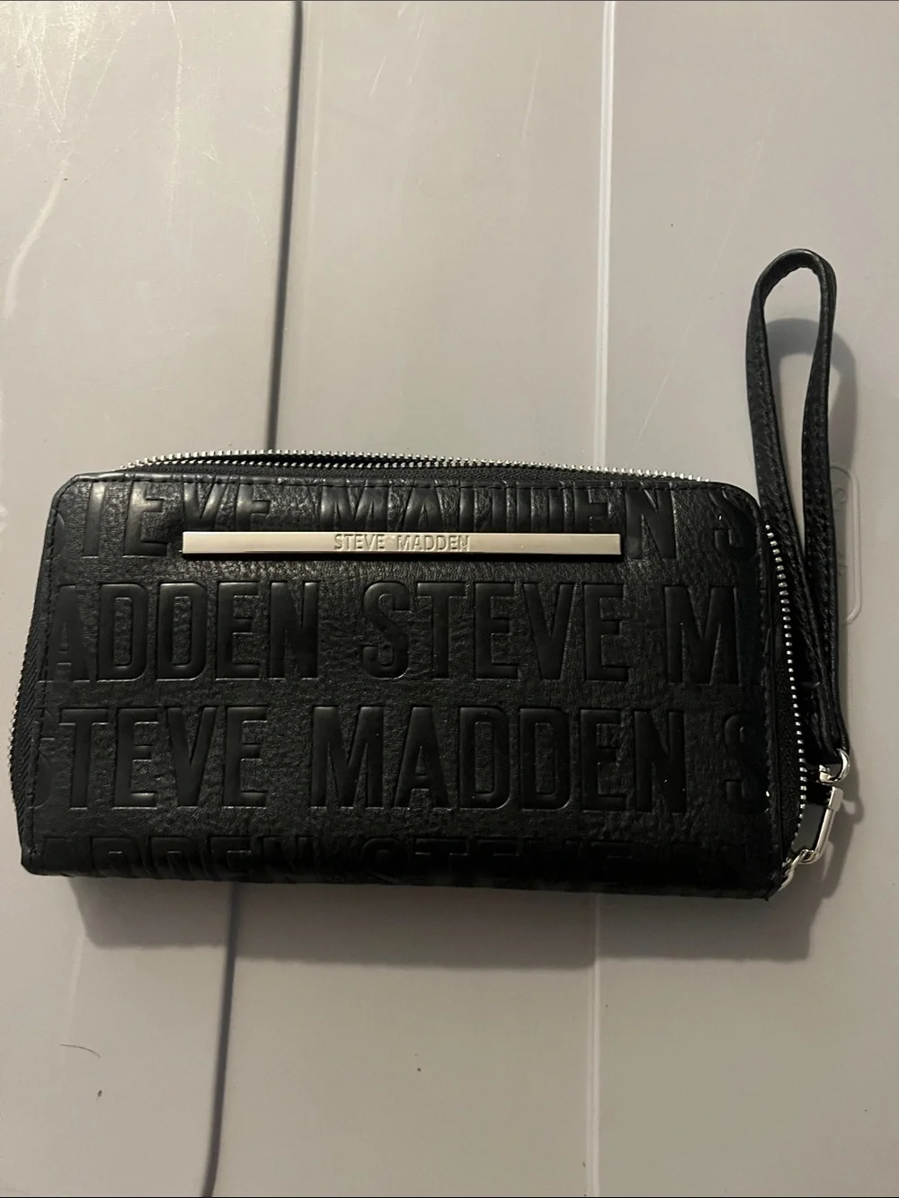 Steve Madden Black Embossed Zip-Around Wristlet